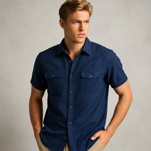 Perry Ellis Medium Navy Blue Basket Weave Button Down Short Sleeve 90s Shirt